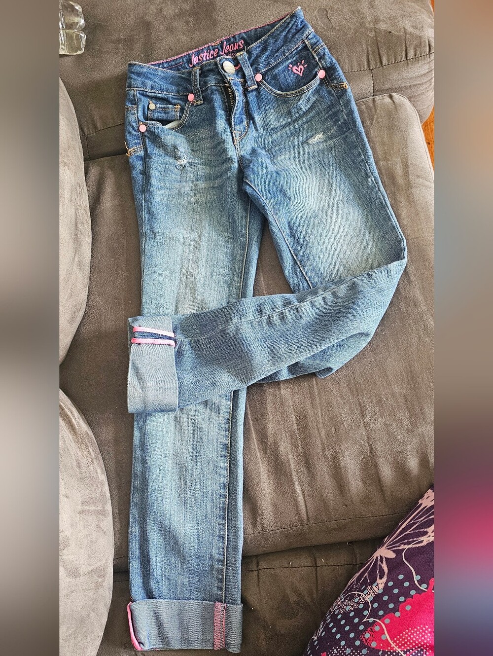 Justice Girls' Blue Skinny Jeans with Pink Accents